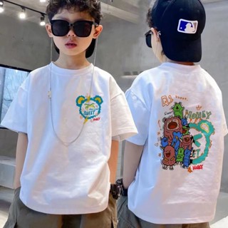 ✨【พร้อมส่ง】เสื้อยืดคอกลม แขนสั้น พิมพ์ลายการ์ตูน 3-12Y ดูดซับเหงื่อ ระบายอากาศ สีพื้น สําหรับเด็กผู้ชาย