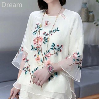 Popular Shirt new Chinese style buckle flower embroidery round neck silk-like top for women