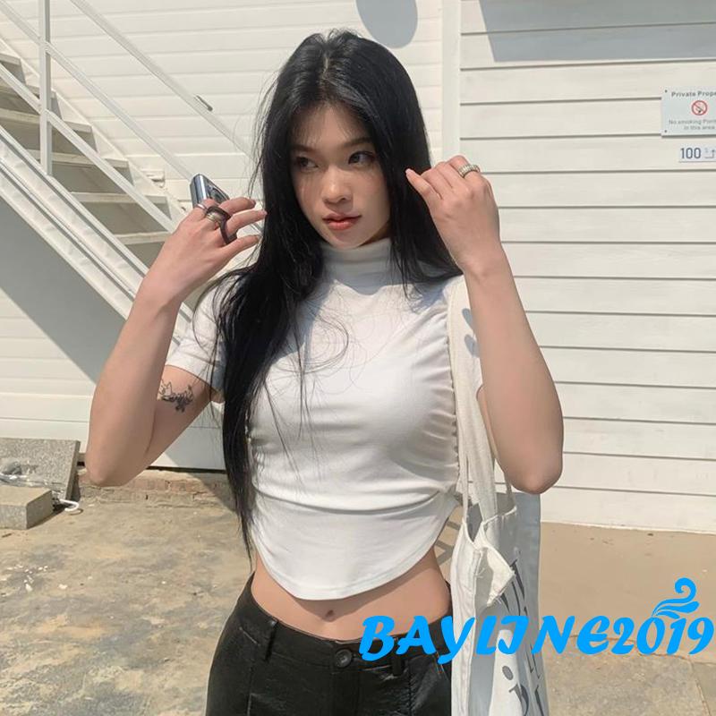 Bay-ผู้หญิงแขนสั้น Crop Tops สีทึบคอจําลองเสื้อยืดฤดูร้อนไม่สม่ําเสมอ Slim Fit เสื้อ Streetwear ราคา ถูกที่สุด ดีลบีเคเค แกลเลอรีภาพที่ 4