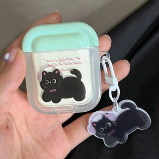 เคสหูฟัง ลายแมวดํา พร้อมพวงกุญแจ สําหรับ Apple AirPods 1 2 3 Pro 2nd Gen