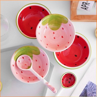 High Value Girl Cute Fruit Strawberry Ceramic Instant Noodle Bowl Spoon Tableware Set-FE