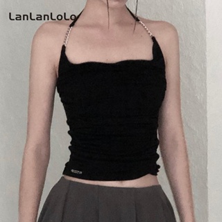 Lanlanlolo เสื้อกล้ามสั้น สายคล้องคอ สีพื้น เซ็กซี่ สําหรับผู้หญิง 2023