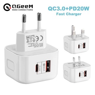 Qgeem เครื่องชาร์จ PD เวอร์ชั่นยุโรป 20 w หัวชาร์จเร็ว Type C + USB นําเสนอสองครั้ง สําหรับ apple เติมเกจ ul กฎยุโรป