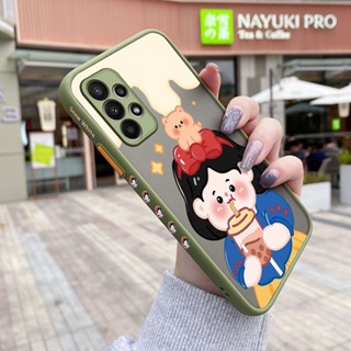 เคสโทรศัพท์มือถือแบบแข็ง ใส กันกระแทก ขอบสี่เหลี่ยม ลายการ์ตูนชานม เด็กผู้หญิง สําหรับ Samsung A23 A13