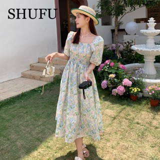 Shufu 5103 พร้อมส่ง ชุดเดรสยาว ผ้าชีฟอง แขนสั้น คอสี่เหลี่ยม ลายดอกไม้ สไตล์เกาหลี พลัสไซซ์ สําหรับผู้หญิง