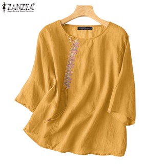 Zanzea เสื้อเบลาส์ แขน 3/4 ปักลาย สไตล์จีน สีพื้น สําหรับผู้หญิง