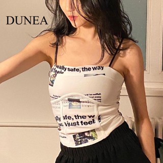 Dunea เสื้อท็อป สายคล้องคอ พิมพ์ลายตัวอักษร สไตล์อเมริกัน สตรีท สําหรับผู้หญิง