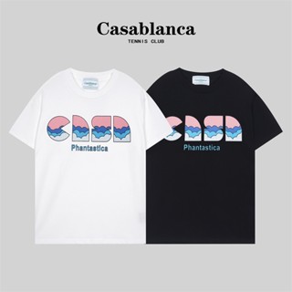 Fashion Casa55bl1anca เสื้อยืดแขนสั้นลําลอง ผ้าฝ้าย พิมพ์ลายคลื่น พลัสไซซ์ สําหรับผู้ชาย และผู้หญิง