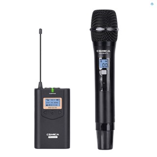 Comica CVM-WM100H ระบบไมโครโฟนไร้สาย UHF 48 ช่อง ระยะ 328 ฟุต ระดับเสียง 16 ระดับ เรียลไทม์ พร้อมตัวรับส่งสัญญาณ กระเป๋าพกพา XLR และสายเคเบิลเอาท์พุต 3.5 มม.
