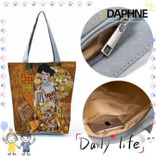 DAPHNE กระเป๋าถือ ผ้าลินิน ลายภาพวาดสีน้ํามัน แฟชั่นสําหรับผู้หญิง