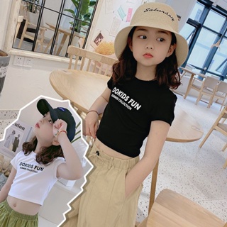 【Girl Tshirt】เสื้อยืดครอปแขนสั้น ผ้าฝ้าย พิมพ์ลายตัวอักษร สไตล์เกาหลี สําหรับเด็กผู้หญิง (1-14 ปี)