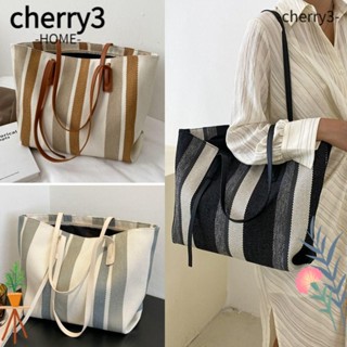 CHERRY3 กระเป๋าสะพายไหล่ ผ้าแคนวาส ทรงโท้ท ขนาดใหญ่ จุของได้เยอะ ลายทาง สไตล์เรียบง่าย สําหรับผู้หญิง