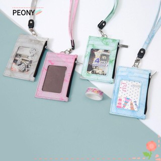 Peonypavilion กระเป๋าใส่บัตร บัตร บัตร หนัง PU หลายช่อง พร้อมสายคล้องคอ มีซิป กระเป๋าใส่เหรียญ นักเรียน