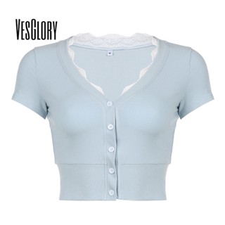 Vesglory เสื้อครอปท็อป คอกลม แขนสั้น สีตัดกัน เซ็กซี่ สําหรับผู้หญิง 2023