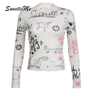 Sweeticme ใหม่ เสื้อยืดซีทรู แขนยาว ผ้าตาข่าย พิมพ์ลาย ทรงสลิมฟิต แฟชั่นสําหรับผู้หญิง 2023