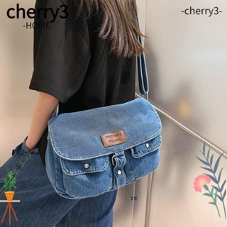 Cherry3 กระเป๋าถือ กระเป๋าสะพายข้าง ผ้ายีนนิ่ม ขนาดใหญ่ จุของได้เยอะ สีฟ้าอ่อน