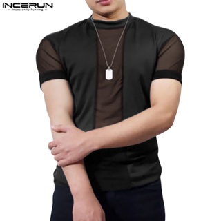 Incerun เสื้อยืด คอกลม แขนสั้น ผ้าตาข่าย สไตล์เกาหลี สําหรับผู้ชาย