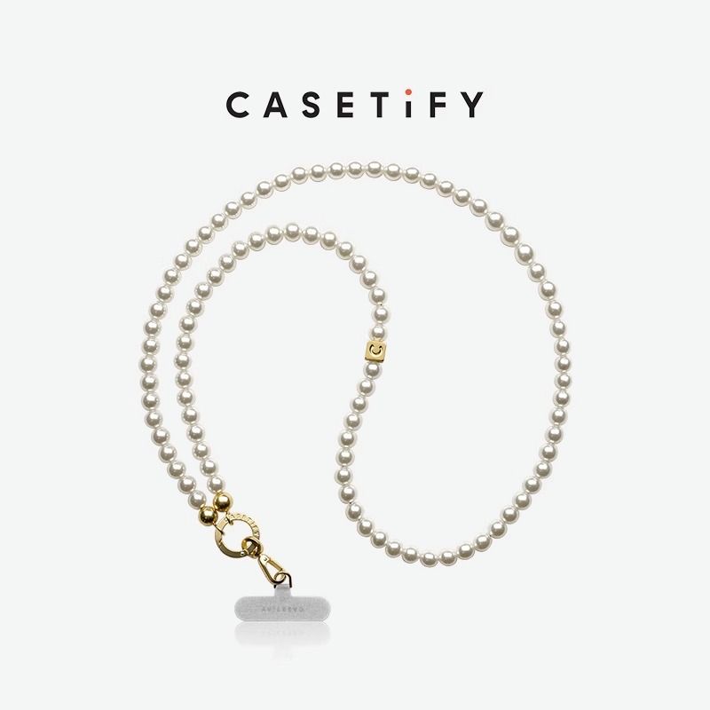 Casetify Silver White Pearl Reel Chain สายรัด Crossbody เคสโทรศัพท์ Anti-Lost Lanyard แบบพกพา Ins จี้โทรศัพท์มือถือ