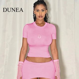 Dunea เสื้อครอปท็อป และกระโปรง ทรงสลิมฟิต พิมพ์ลายตัวอักษร แฟชั่นสําหรับผู้หญิง