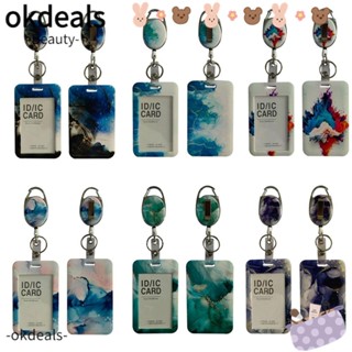 Okdeals ที่ใส่ป้าย ID ลายหินอ่อน สีขาว สีฟ้า พร้อมตะขอคาราบิเนอร์ และรอกพับเก็บได้