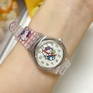 Sanrio Hello Kitty นาฬิกาข้อมือควอตซ์ สายซิลิโคนใส พิมพ์ลายการ์ตูนแมว สําหรับเด็กผู้หญิง นักเรียน