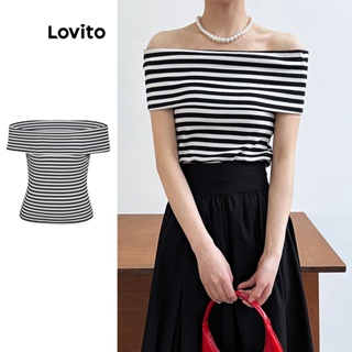 Lovito เสื้อยืด เบสิก ลายทาง สไตล์ลำลอง สำหรับผู้หญิง L55AD036 (สีดำ และ สีขาว)