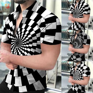 【TRSBX】เสื้อยืดแขนสั้น พิมพ์ลาย Vortex ติดกระดุม