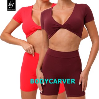 Bodycarver ชุดโยคะผู้หญิง ดีไซน์ใหม่ 2 ชิ้น ชุดกีฬา กางเกงขาสั้นปั่นจักรยาน เนย บุนวม เสื้อครอป