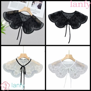 Lanfy ปกเสื้อลูกไม้ปลอม คอตุ๊กตา แต่งระบาย ปักโบว์ พร้อมไข่มุก สําหรับผู้หญิง เด็กผู้หญิง