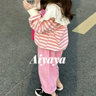 Aiyaya เสื้อผ้าเด็ก เสื้อคอปกตุ๊กตาลายทางสีชมพู กางเกงสีชมพู เสื้อผ้าแฟชั่นสาวๆ สไตล์เกาหลี 2-8 ขวบ (732)