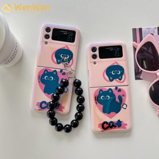 Wenwen เคสโทรศัพท์มือถือแฟชั่น ลายแมวดํา แต่งโซ่บลูเรย์ สําหรับ Samsung Z Flip4 Z Flip3