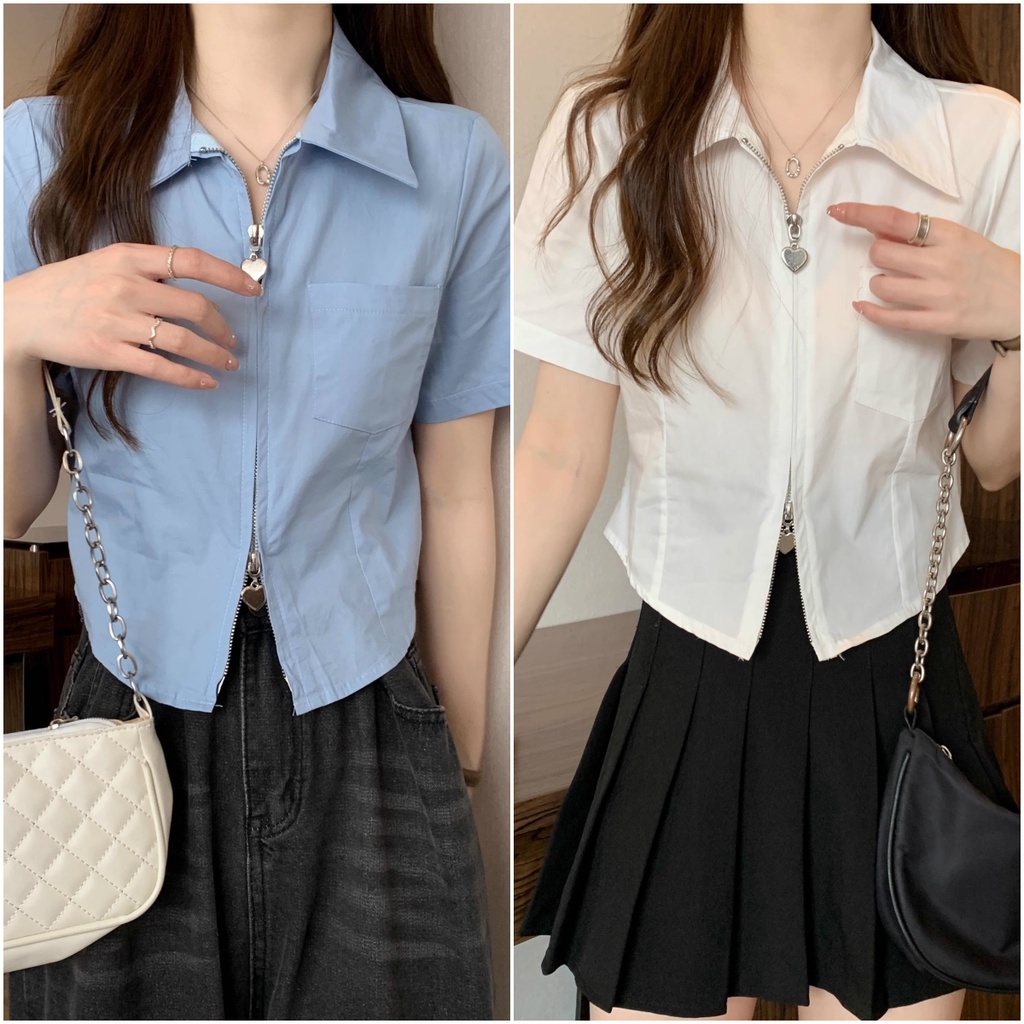 พร้อมส่ง เสื้อเชิ้ตครอป คอปกโปโล แขนสั้น มีซิปล่าง-บน สไตล์เกาหลี สําหรับผู้หญิง