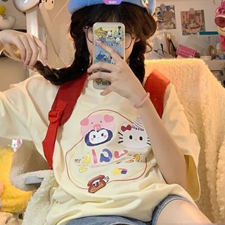 ใหม่ เสื้อยืดแขนสั้นลําลอง พิมพ์ลายการ์ตูน Sanrio Kuromi Hello Kitty ทรงหลวม สไตล์ญี่ปุ่น แฟชั่นฤดูร้อน สําหรับผู้หญิง 2023 [RAIN]