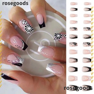 Rosegoods1 เล็บปลอม แบบกด สีดํา สีขาว 24 ชิ้น