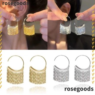 Rosegoods1 ต่างหูพู่โซ่ ประดับเลื่อม สีทอง เครื่องประดับ สําหรับผู้หญิง