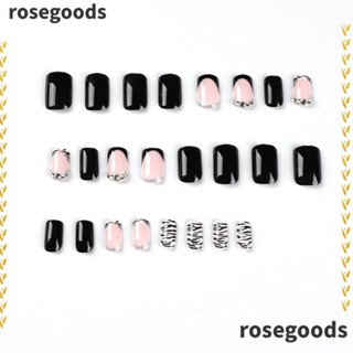 Rosegoods1 เล็บปลอม ถอดออกได้ ลายทาง สีดําสดใส DIY