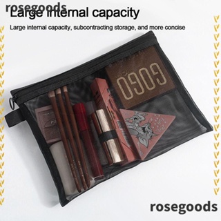 Rosegoods1 กระเป๋าเครื่องสําอาง ผ้าตาข่าย มีซิป สีดําใส สําหรับเดินทาง