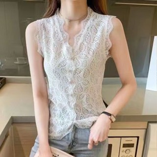 เสื้อแขนกุด คอวี แต่งลูกไม้ สีโปร่งใส เข้ากับทุกการแต่งกาย แฟชั่นฤดูร้อน สไตล์ยุโรป 2VRA