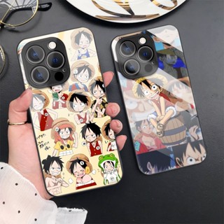 เคสโทรศัพท์มือถือกระจกนิรภัย แบบแข็ง ป้องกันเลนส์ ลายการ์ตูนอนิเมะ One Piece Luffy สําหรับ iPhone 14 Pro Max 13 11 12 X XR XS 7 8 Plus SE 2020