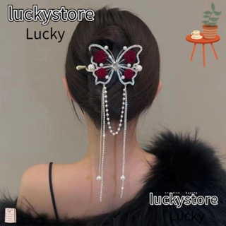 Lucky กิ๊บติดผม รูปผีเสื้อ ประดับพู่คริสตัล สีแดง สําหรับผู้หญิง