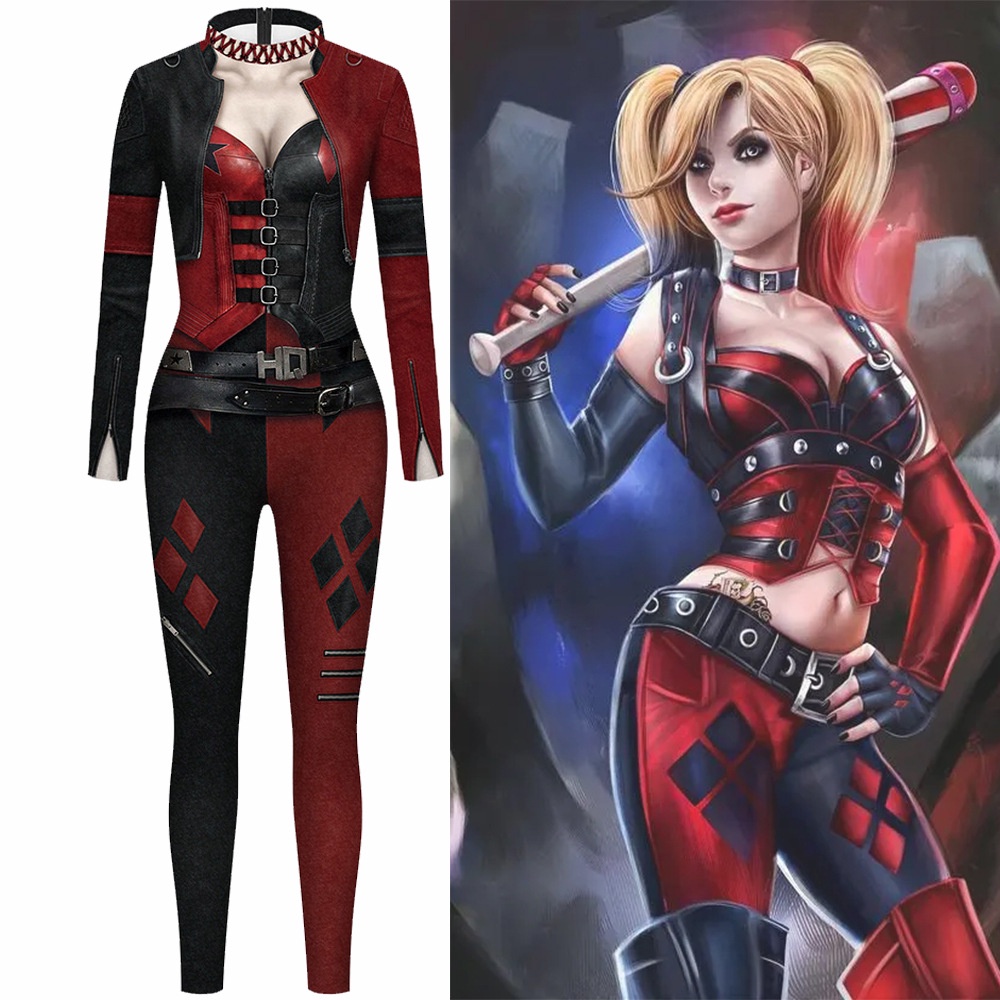 ชุดจั๊มสูทคอสเพลย์ การ์ตูน Harley Quinn แบบเข้ารูป