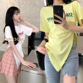 พร้อมส่ง  เสื้อยืดแขนสั้นทรงหลวมสไตล์เกาหลี สไตล์เกาหลีเสื้อเสื้อยืด เสื้อแขนสั้นแบบไม่สม่ำเสมอ