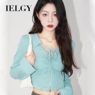 IELGY เสื้อยืดแขนยาว คอปก สีพื้น สไตล์เกาหลี สุดชิค กระชับสัดส่วน สําหรับผู้หญิง