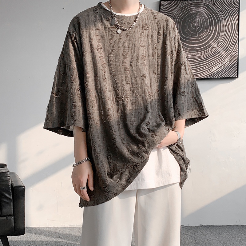Ripped เสื้อยืดครึ่งแขนผู้ชายฤดูร้อน Retro Design Niche หลวมขนาดใหญ่สบายๆเสื้อยืดครึ่งแขน