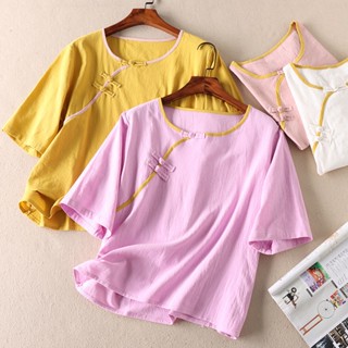 เสื้อเชิ้ตแขนสั้น ผ้าฝ้าย และผ้าลินิน ทรงหลวม สไตล์จีน แฟชั่นฤดูร้อน สําหรับผู้หญิง 2023