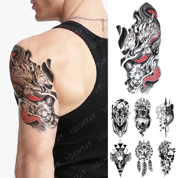 สติกเกอร์รอยสักชั่วคราว กันน้ํา ลายมังกรญี่ปุ่น Prajna Flash Tattoos Wolf Totem Skull Body Art Arm F