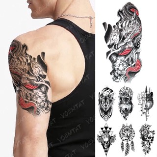 สติกเกอร์รอยสักชั่วคราว กันน้ํา ลายมังกรญี่ปุ่น Prajna Flash Tattoos Wolf Totem Skull Body Art Arm Fake Tatoo คุณภาพสูง สําหรับผู้ชาย และผู้หญิง