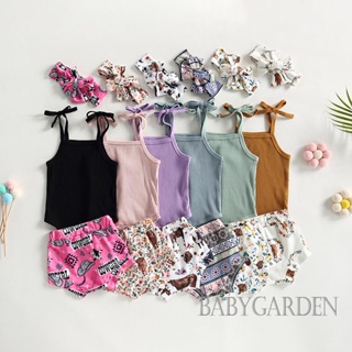 Babygarden-0-18m ชุดรอมเปอร์ แขนกุด ผ้าถัก ลําลอง ลายกระทิง สัตว์ กางเกงขาสั้น + ที่คาดผม สําหรับเด็กผู้หญิง