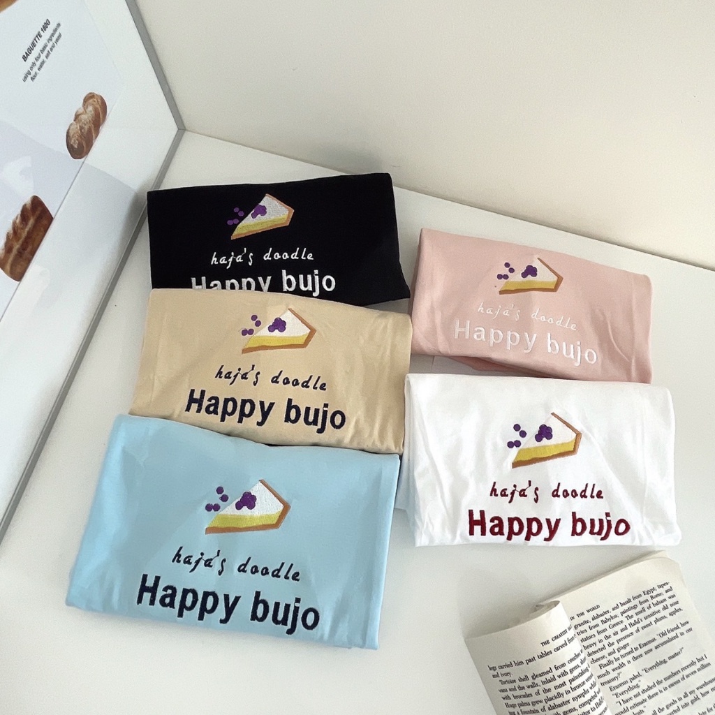 S245 เสื้อยืด oversize ผ้าคอตตอน สไตล์มินิมอล ปัก haja's doodle happy bujo