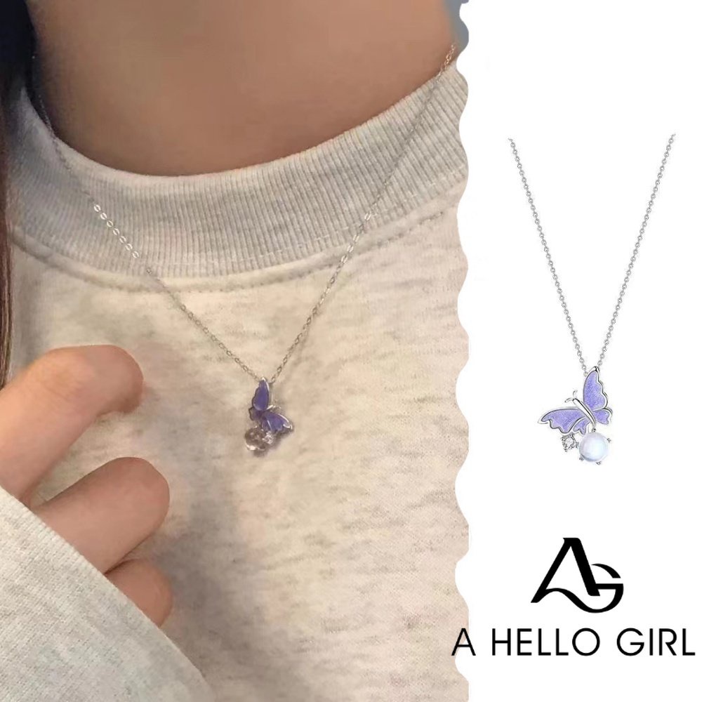 A HELLO GIRL สร้อยคอโซ่ จี้ผีเสื้อ ประดับเพชร สําหรับผู้หญิง